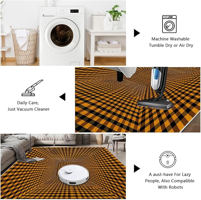 3D Rugs Optical Illusion - Plaid Rug 7x10, Geometric Stripes Soft Neutral Indoor Floor Mats Carpet, Non-Slip Stain Resistant Modern Orange Rug for Bedroom, Living Room Rugs