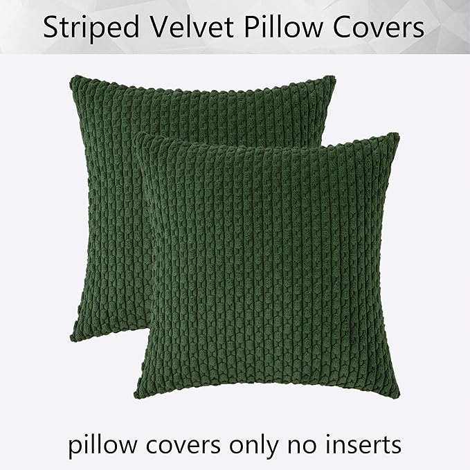 Kevin Textile Pack of 2 Corduroy Decorative Throw Pillow Covers 18x18 Inch Soft Boho Striped Pillow Covers Modern Farmhouse Home Decor for Sofa Living Room Couch Bed Dark Green