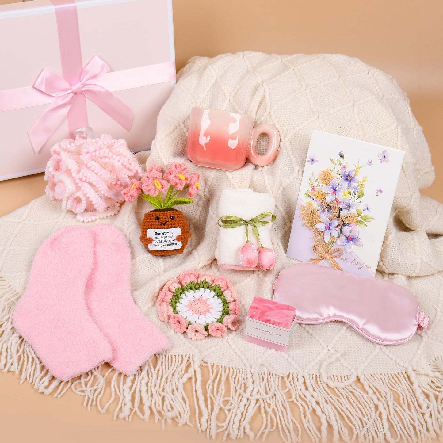 Kovtesiu Birthday Gifts for Women, Knitted Tassel Throw Blanket Pink Gift Basket with Handmade Crocheted Potted Plants and Flower Coasters, Inspirational for Mom Her Wife Friend Grandma