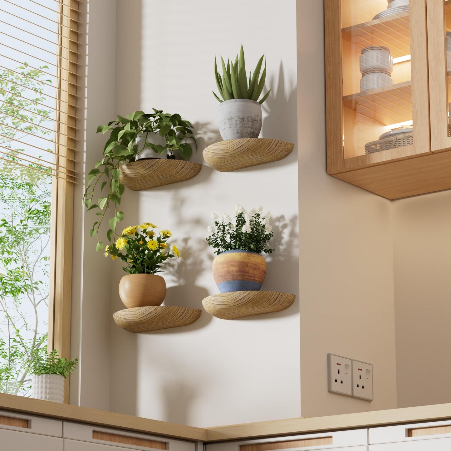 QsQueen Half Round Floating Shelves, 4 Pack Small Wood Wall Shelves for Plants & Decor