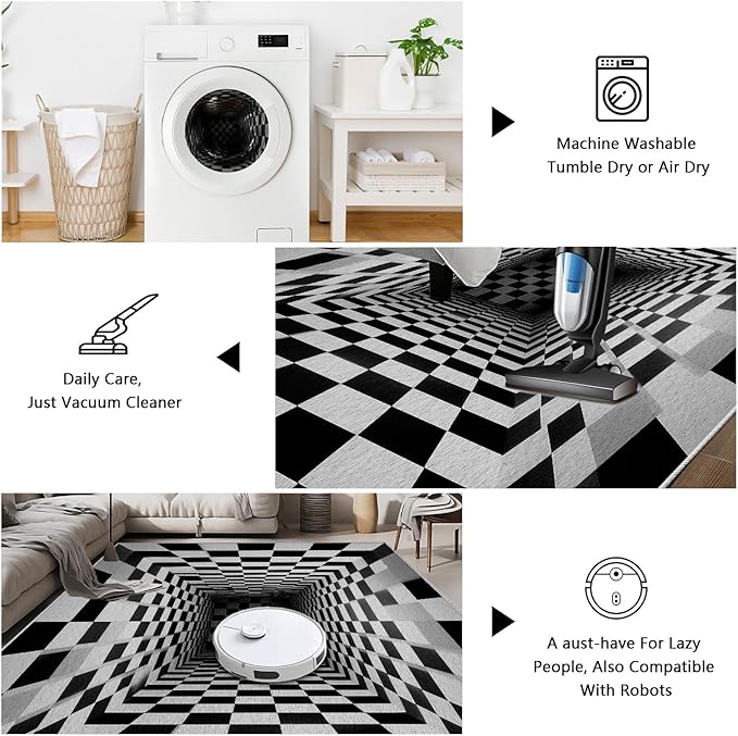 Optical Illusion Rug - Black and White Rug for Living Room, Soft Ultra Soft Faux Wool 3x5 Area Rugs Floor Mats, Non Slip&Non-Shedding Low Pile Checkered Washable Rugs, Abstract Geometric Carpet