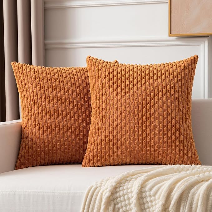 Kevin Textile Fall Throw Pillow Covers Soft Corduroy Decorative Set of 2 Boho Striped Pillow Covers Pillowcases Farmhouse Home Decor for Couch Bed Sofa Living Room 26x26 Inch Orange Yellow