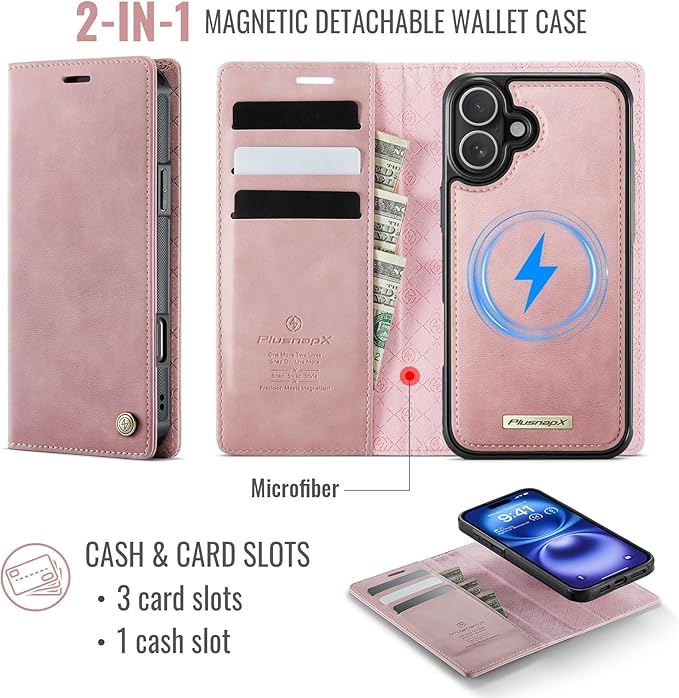 PlusnapX Wallet Case for iPhone 17 Compatible with Magsafe, 2-in-1 PU Leather Flip RFID Blocking Card Holder Stand Shockproof Magnetic Detachable Cover for iPhone 17 Case 6.3", Pink