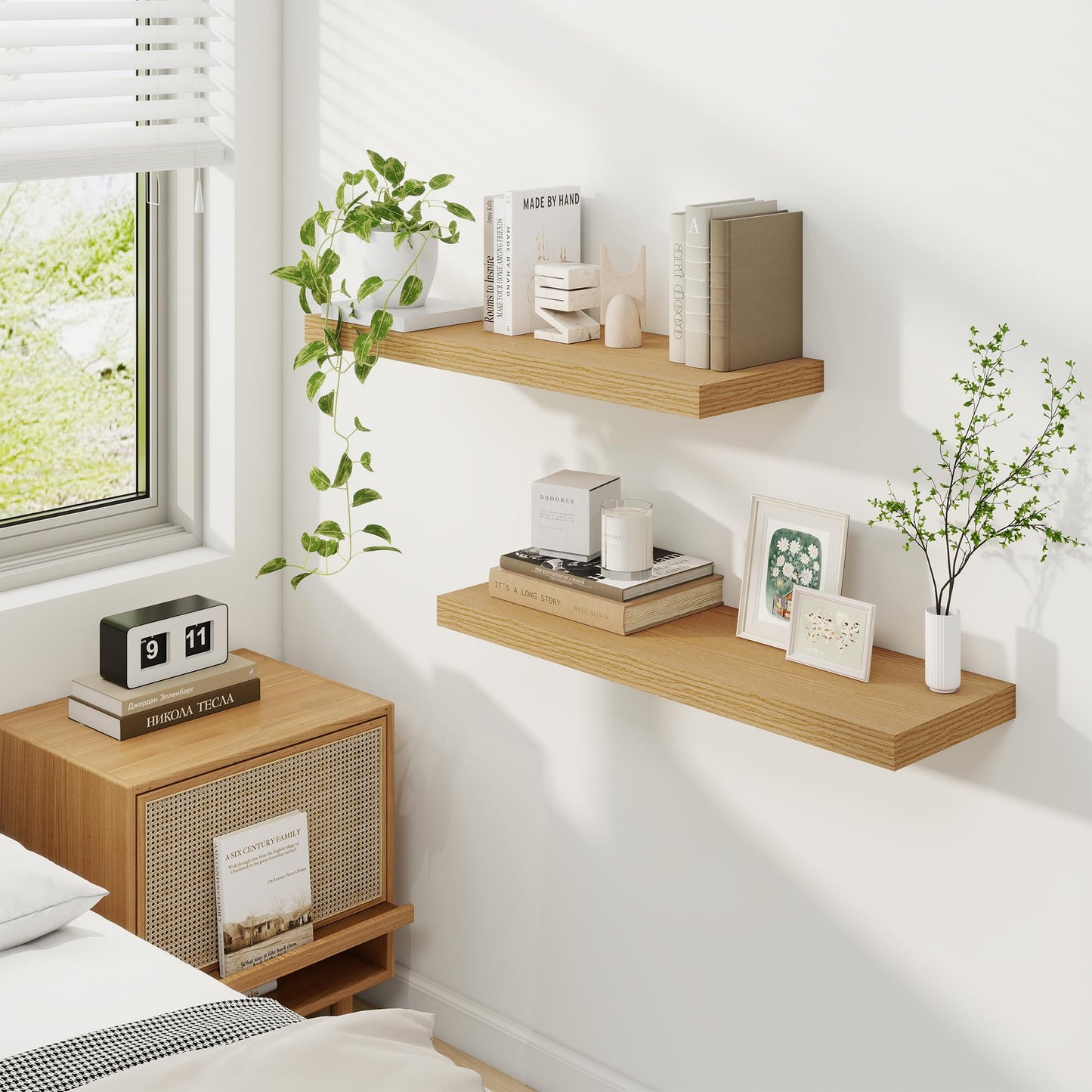 Fun Memories 9.3Inch Deep Floating Shelves for Wall, 30 Inch Rustic Wood Wall Mounted Shelves for Bathroom, Bedroom, Kitchen, Deep Floating Shelf for Storage & Home Decor (Oak, Set of 2)