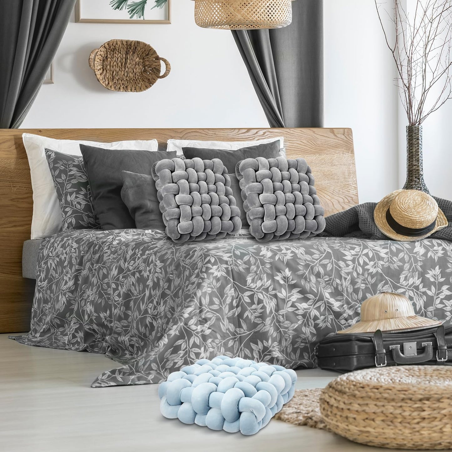 Wenqik 2 Pcs Knot Pillows Square Knotted Plush Throws Soft Accent Pillows Decoration Cushion for Couch Home Office Living Room Bedroom Bed Sofa Decor, 12'' x 13''(Light Gray,Crystal Velvet)