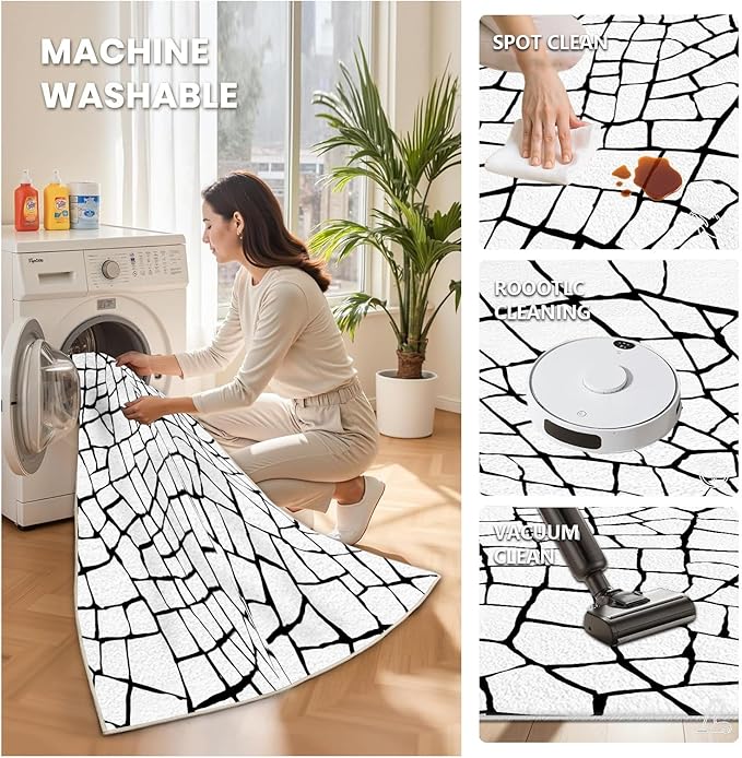 Black and White Area Rug, Abstract Rug, Contemporary Minimalist Rugs, Geometric Cracks Area Rugs, Modern Geometric Carpet for Living Room, Washable Non Slip Home Decor Mat 7x9
