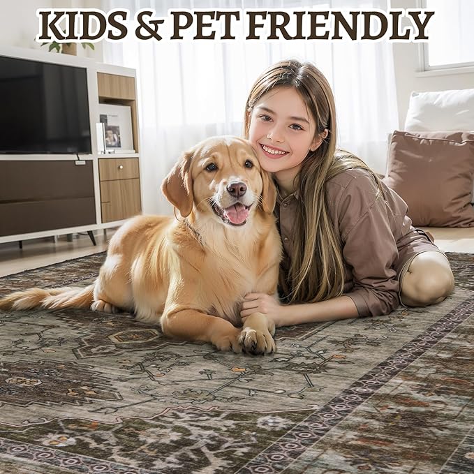 Tangsoo 3x5 Washable Rugs Oriental Area Rug, Vintage Non Slip Indoor Accent Rug, Print Distressed Grey Carpet, Soft Low Pile Rug for Living Room Dining Bedroom Bedside Entryway