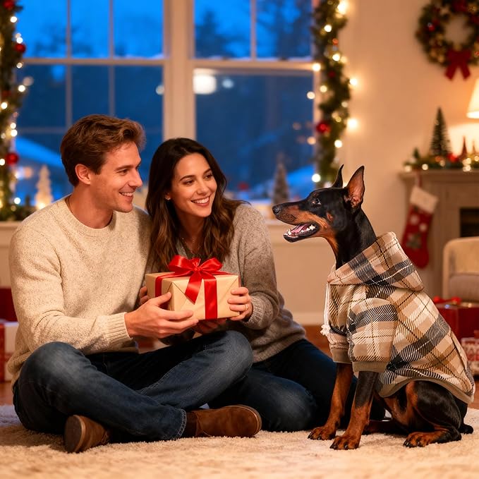 BAOBICUTE Dog Basic Hoodie Soft Dog Clothes Cold Weather Sweaters for Medium Large Dogs Cozy Fabric Warm Sweatshirt with Leash Hole (Khaki Plaid, L (Back: 20.47",Chest: 28.35", Neck: 21.26"))