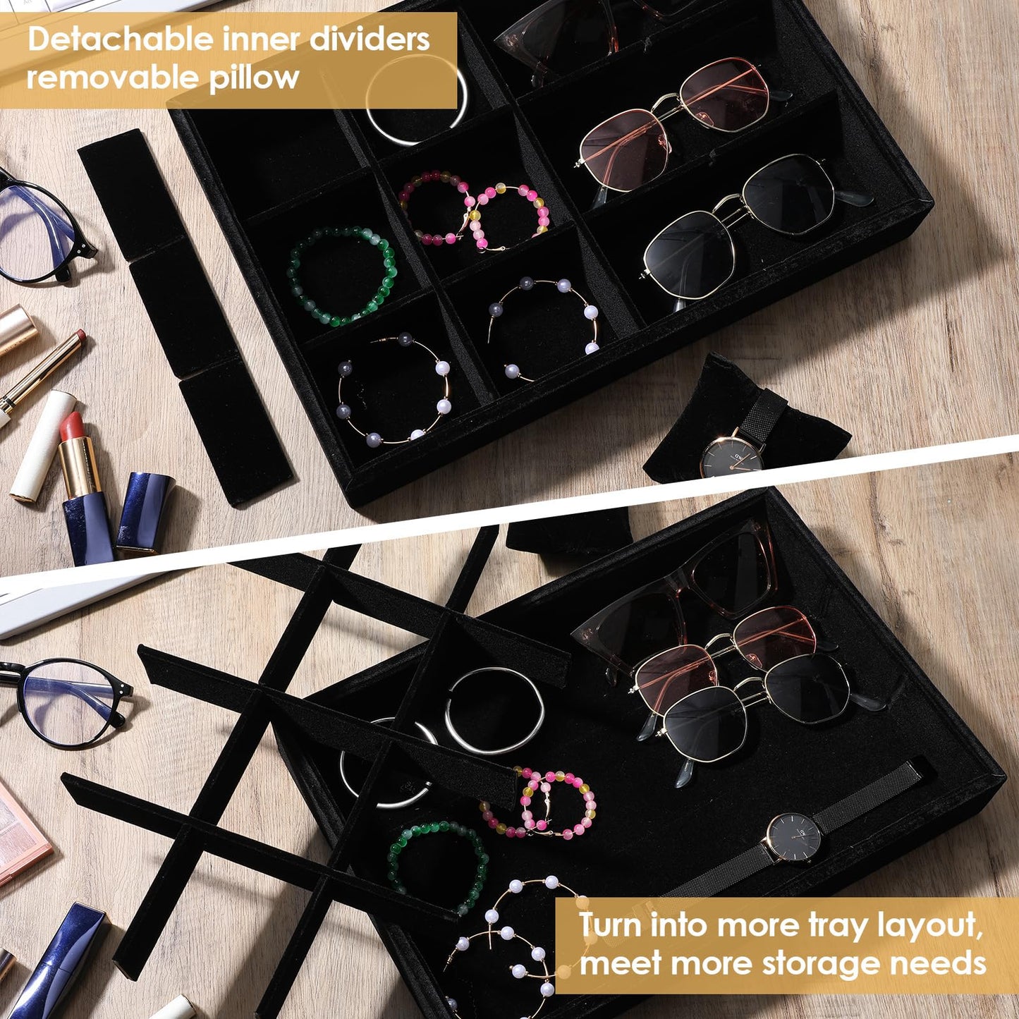 Tobeelec 2 Pcs Velvet Watch Tray Jewelry Organizer, 12 Grid Stackable Velvet Watch Tray, Watch Display Velvet Tray Watch Bracelet Bangle Display Holder Adjustable Pillow