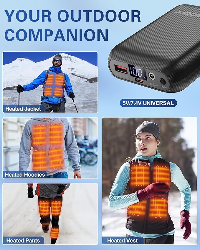 7.4V/5V 2A 16000mAh Heated Vest Battery Pack Compatible with ORORO and Venustas, NORSENN, Portable Power Bank with LED Display for đđ USB heated Vests Jacket Camping Chair Blanket(NOT for 12Vīŧ