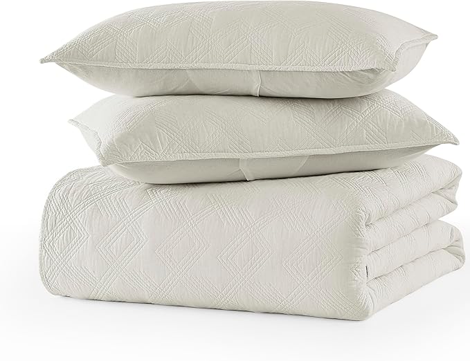 WDCOZY 100% Cotton Oversized King Quilt Set - Beige California Cal King Size Soft Lightweight Modern Bedspread, Farmhouse Country Rustic Coverlet, Textured Like Linen, Shabby Chic Bedding