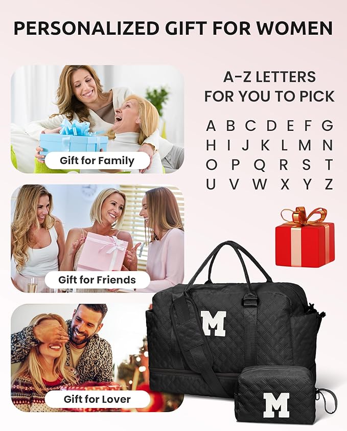 Vogewood Easter Gifts for Teens-Duffle Bags, Personalized Weekender Bag with Shoulder Strap, Monogram Overnight Bags for Women Wet Pocket, Letter Travel Bag with Makeup Bag Gifts for Niece (Letter R)