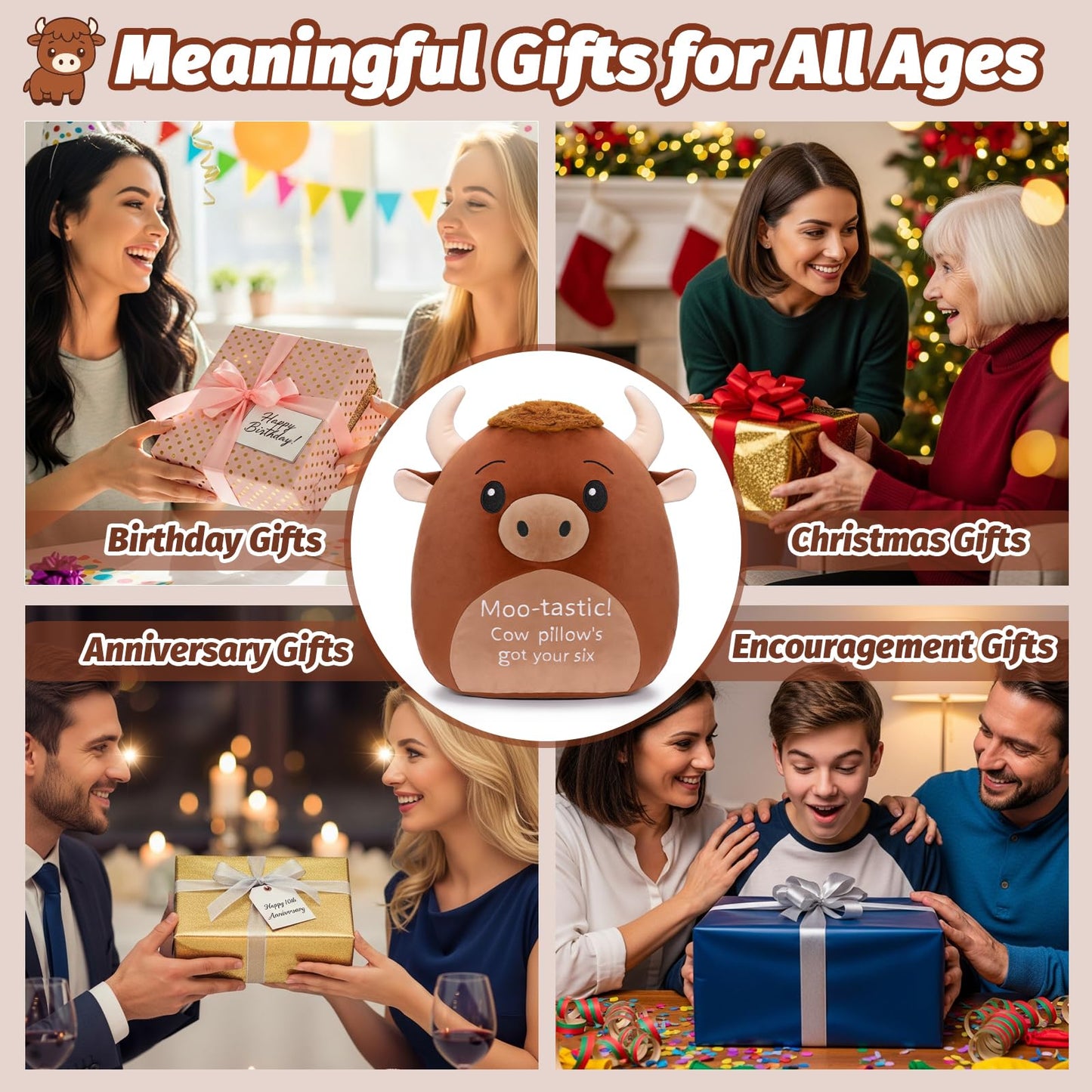AGIFTMIND 12 inch Cute Highland Cow Stuffed Animals Soft Cow Plush Pillow with Motivational Message for Adults Birthday Decorations (Brown)