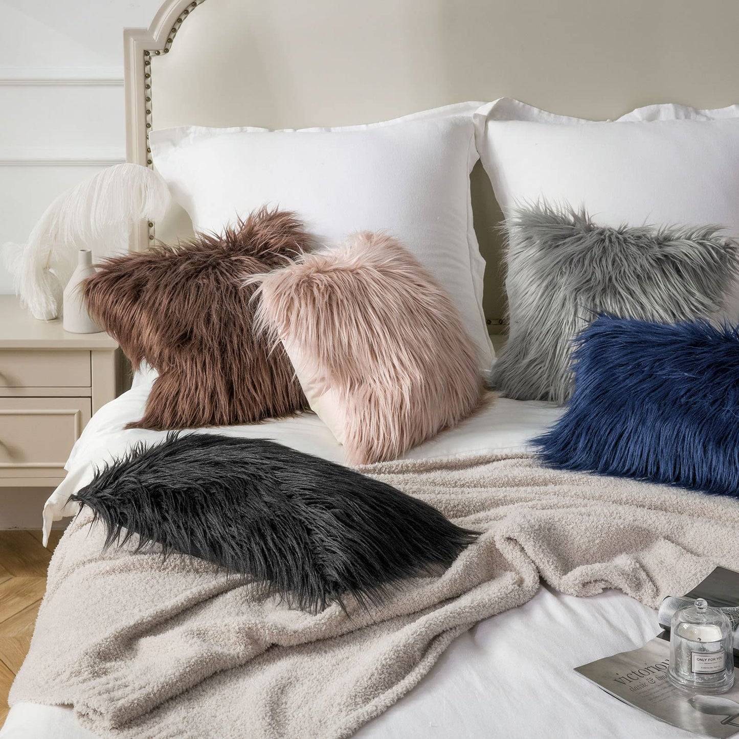 Phantoscope Faux Fur Pillow Cover Decorative Fluffy Throw Pillow Mongolian Luxury Fuzzy Pillow Case Cushion Cover for Bedroom and Couch,Coffee 12 x 20 Inches…