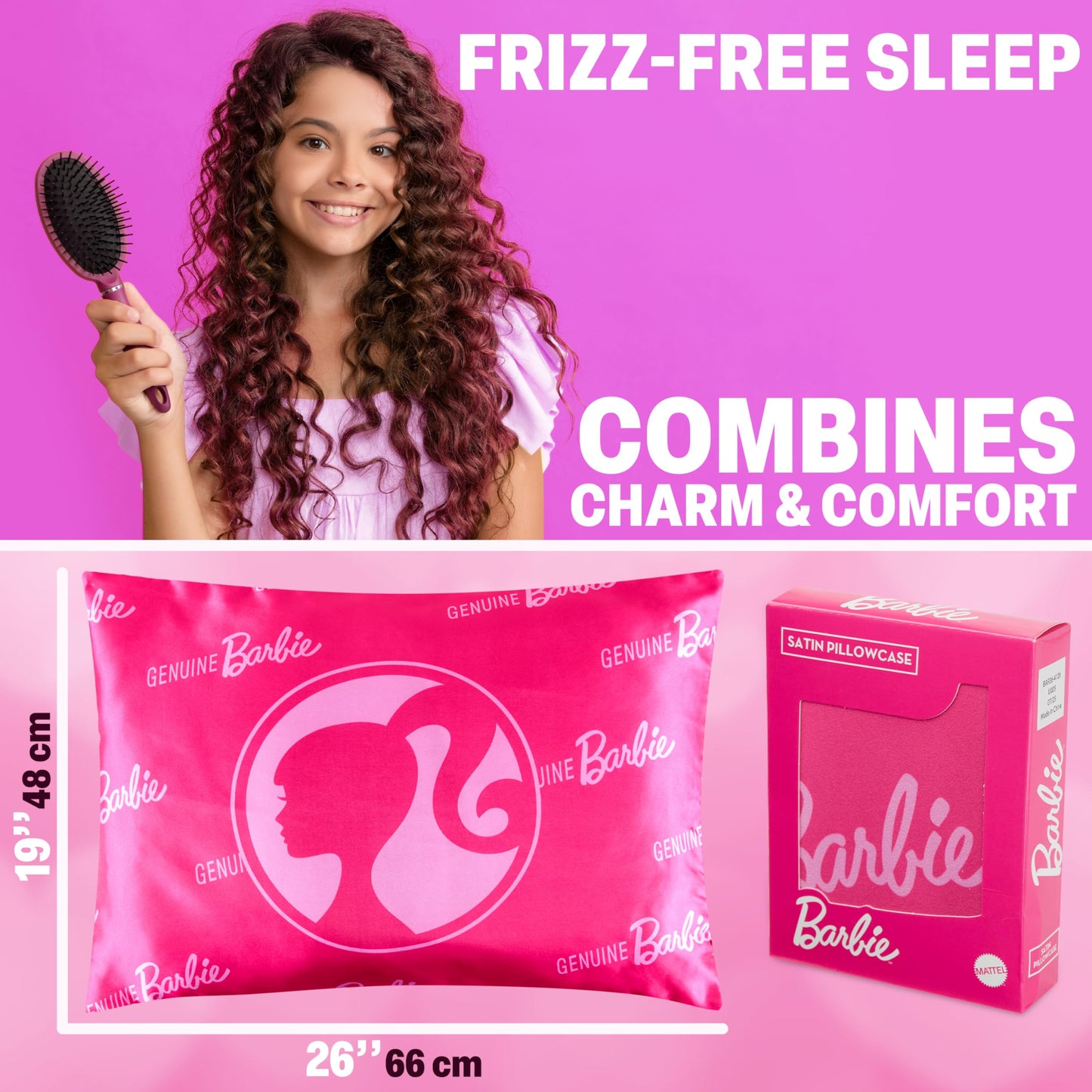 Get Trend Barbie Silky Satin Pillowcase 19x26in, Officially Licensed Smooth Soft Glossy Zipped Pillow Covers for Hair and Skin Beauty, Gifts for Girls, Teens (Pink Barbie)