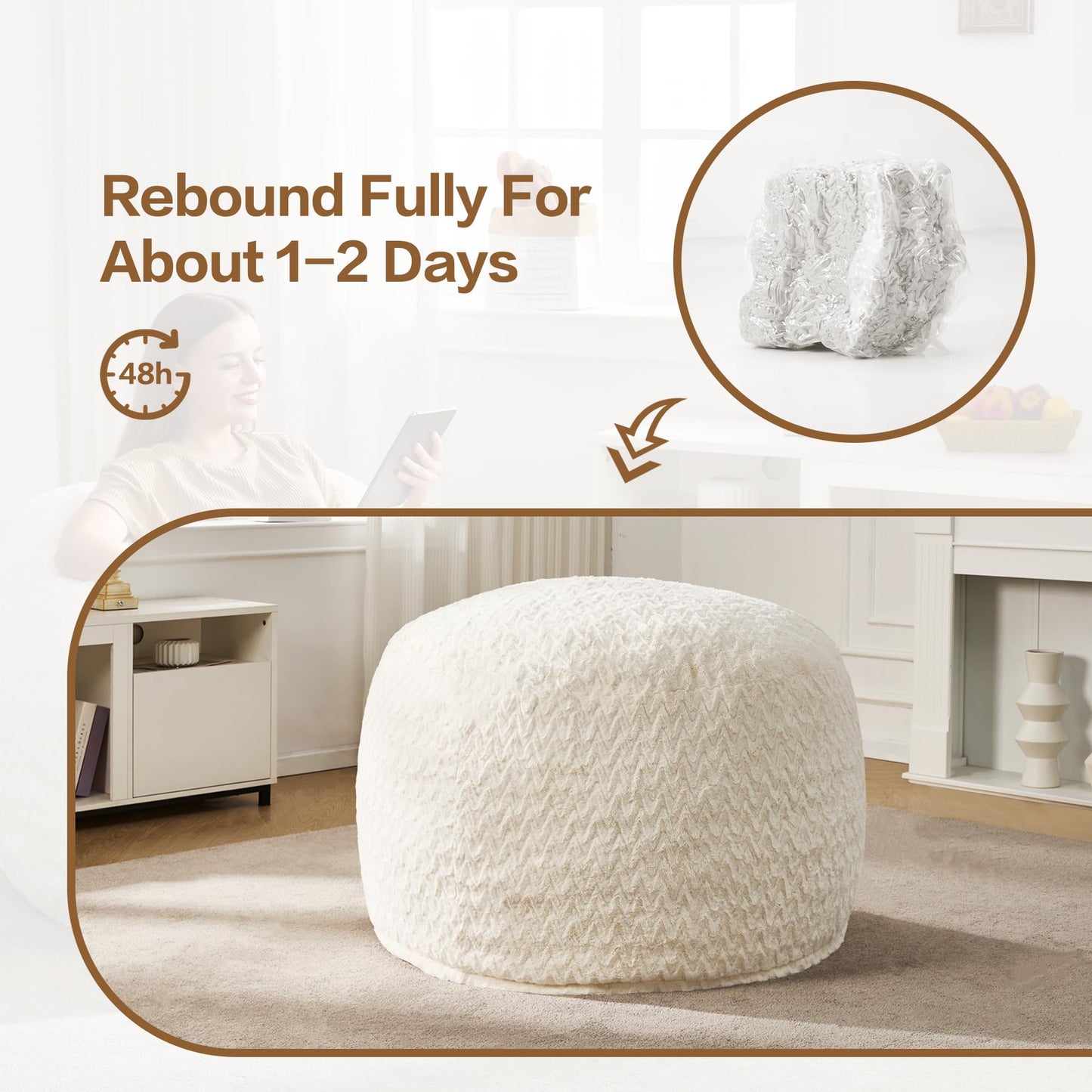 Hobestluk 3ft Bean Bag Chairs for Adults Large Beanbag Chair with Chevron Plush Fur Cover Big Bean Bag Chair for Living Room Bedroom Dorm Office - White (36” x 36” x 22”)