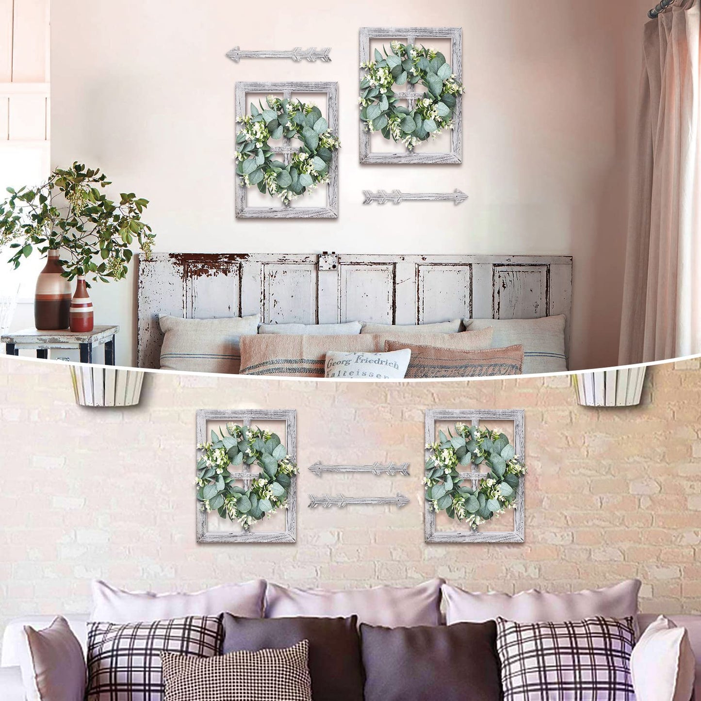WAKOSAN Rustic Wood Window Frame Wall Decor with Wreath & Arrows, Set of 2