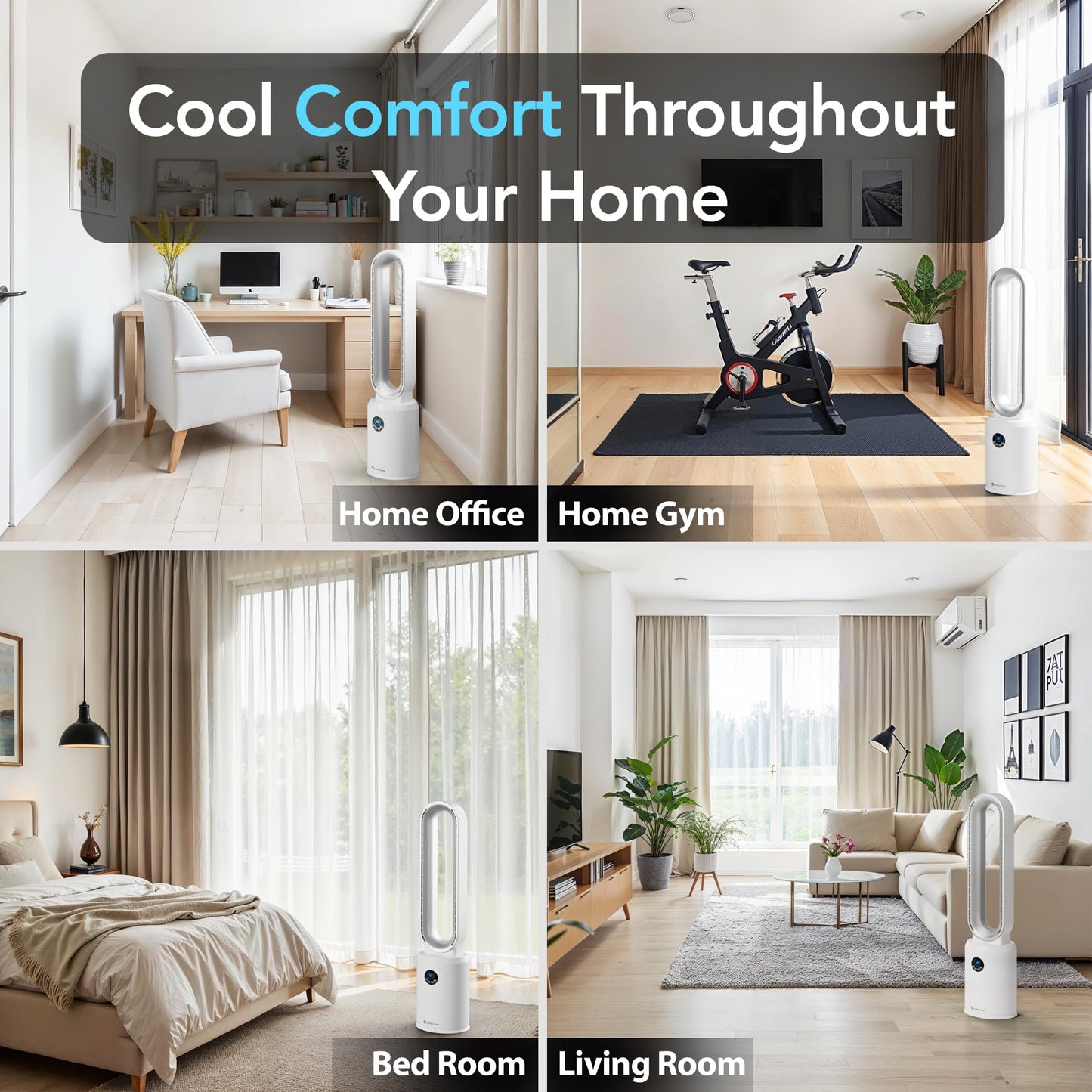 Comfort Zone 40-Inch Bladeless Tower Fan for Bedroom – Quiet Standing Fan with Remote Control, 9H Timer & Wide Area Oscillation – Turbocharged Airflow & Digital LED Display – White/Silver