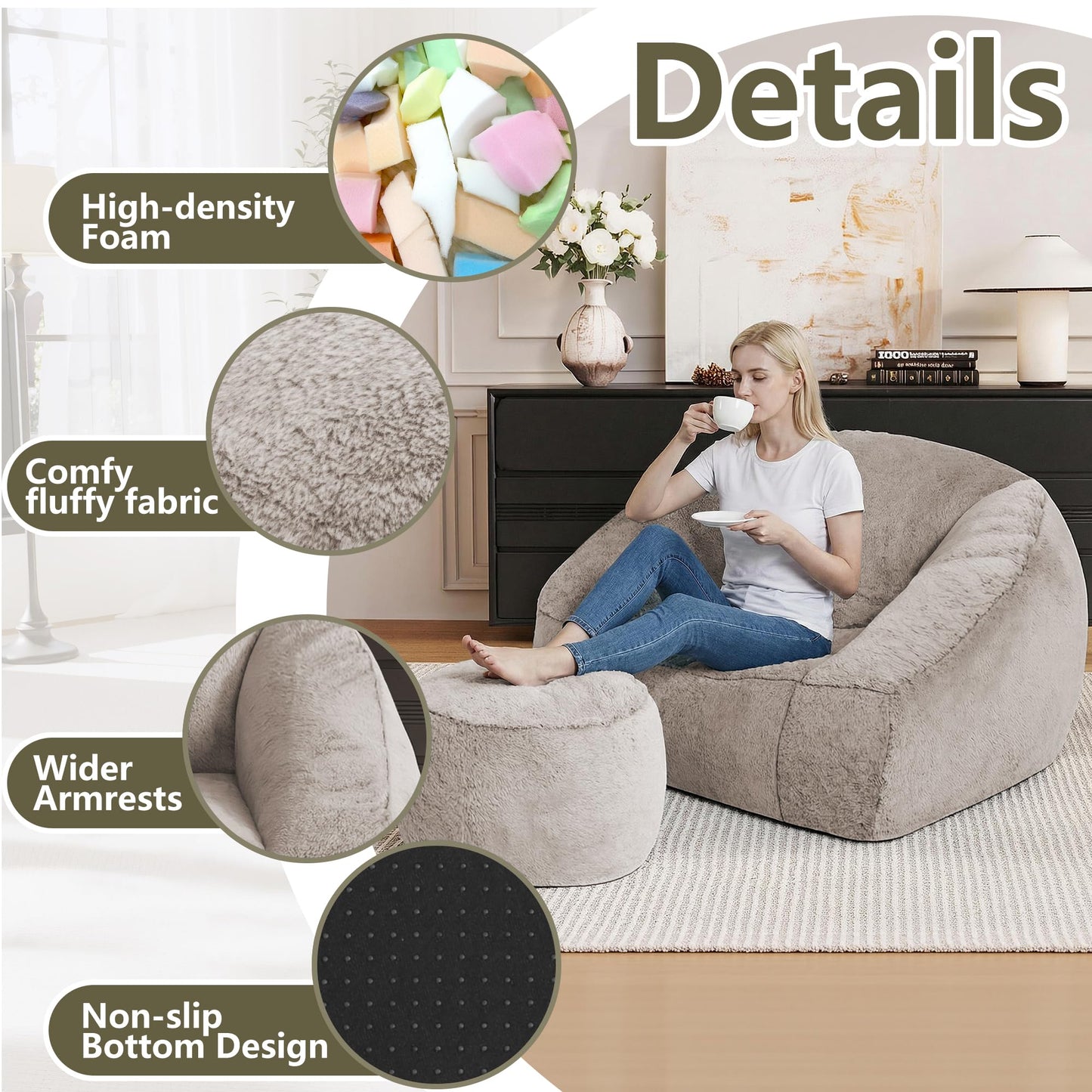 lilanoon Bean Bag Chairs with Ottoman for Adults, Comfy Beanbag Chair with High-Resilience Foam, Oversized Bean Bag Sofa with Soft Faux Fur Fabric, Bean Bag Chair for Living Room,Bedroom,Khaki