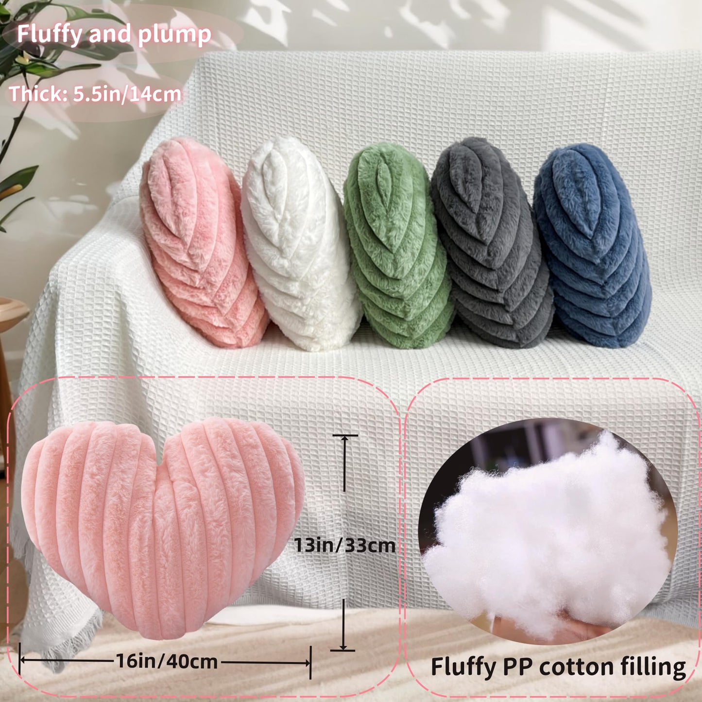 Nmkopzy 16 Inch White Heart Pillow Cute Decorative Throw Pillows, Heart Shaped Soft Fluffy Faux Fur Pillows Cushions for Couch Chair Bed Bedroom Room Home Decor Aesthetic (1, White, Medium-16 x13)