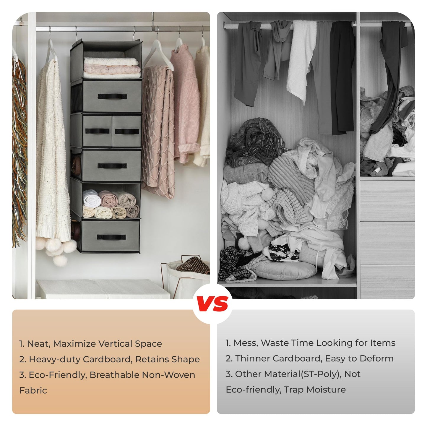 GRANNY SAYS Hanging Closet Organizer 6 Shelves, Closet Organizers and Storage with 5 Drawers, 6 Side Pockets Closet Hanging Organizer, Hanging Storage Organizer for Closet, Baby Clothes, Gray