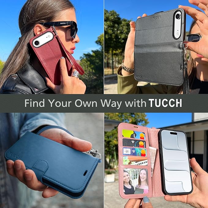 TUCCH Case Wallet for iPhone Air (6.5") 2025, Wrist Strap, Stand, RFID Blocking 4 Card Holder, TPU Shockproof Shell, PU Leather, Magnetic Closure Folio Protective Cover, Deep Purple