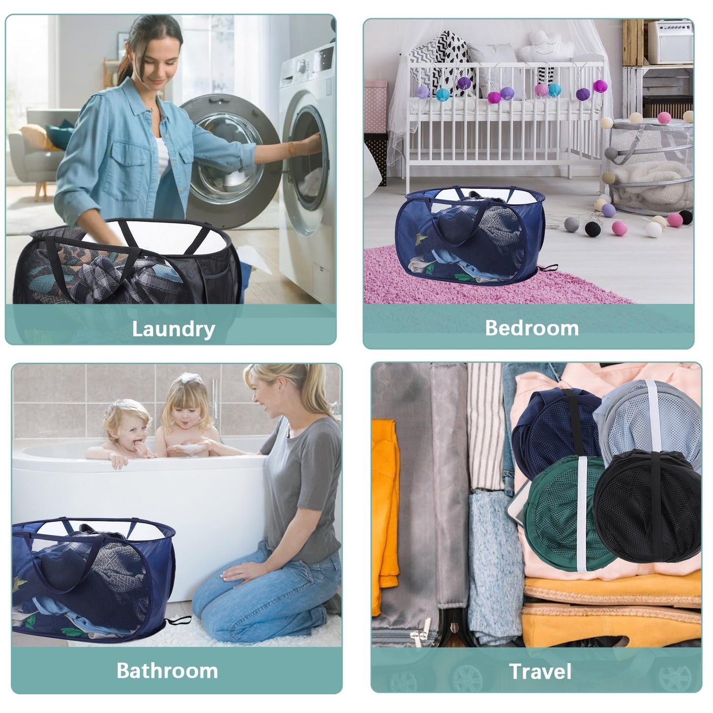 HJZHII 4 Pcs Popup Mesh Laundry Basket, Laundry Hamper with Side Pocket Foldable Storage Basket with Durable Handles for Bathroom Travel Dorm