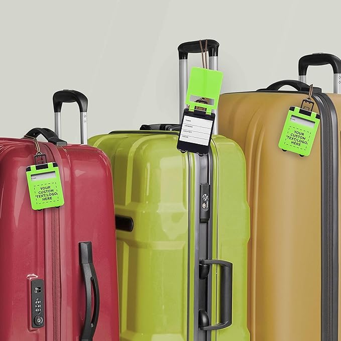 10 Mini Carry-on Luggage Tags Pack - Customizable Text, Logo - Flip Open Cover, ID Sticker - Lime Green