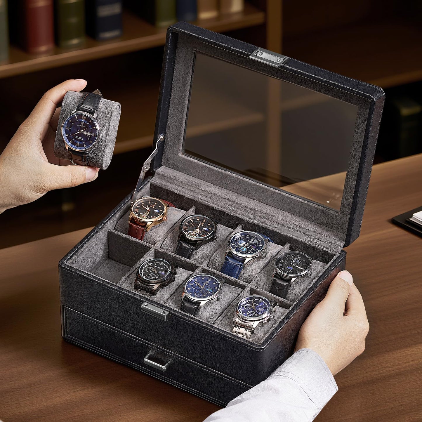 ProCase Premium Watch Box for Men, Fathers Day Gift for Dad Jewelry Organizer Box with Drawer, Display Storage Case with Glass Lid -Black, 8 Slot