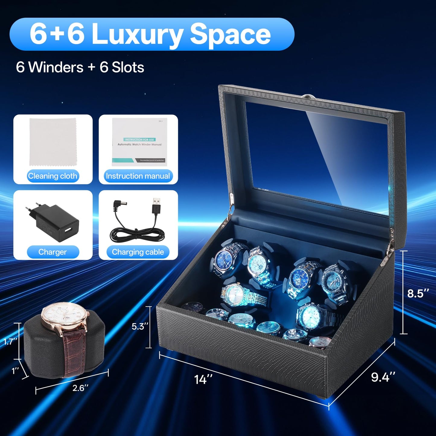 Isili Watch Winder for Automatic Watches, Luxury Watch Winders with LED Light, 6 Watch Winder + 6 Storage Case with Quiet Motor, Gift for Father's Day (PU Snakeskin)