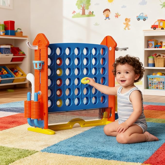 Giant Connect Game - Jumbo 4-to-Score Giant Set with 42 Jumbo Rings,Row Board Game 4 - Connect with Basketball Hoop, Perfect for Kids, Family and Party Floor Games