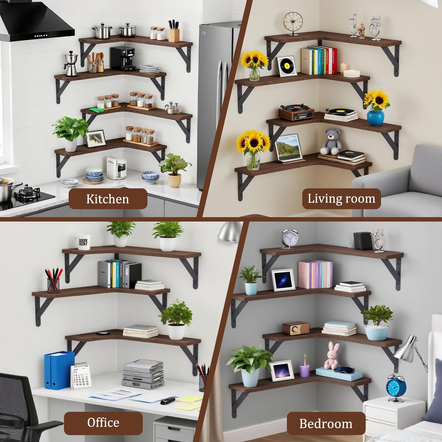 RAIHOMKIT Corner Floating Shelves Set of 5, Rustic Wood Shelves for Home Decor, Wall Mounted Storage Corner Shelf for Bedroom Kitchen Living Room Bathroom Office, Dark Brown