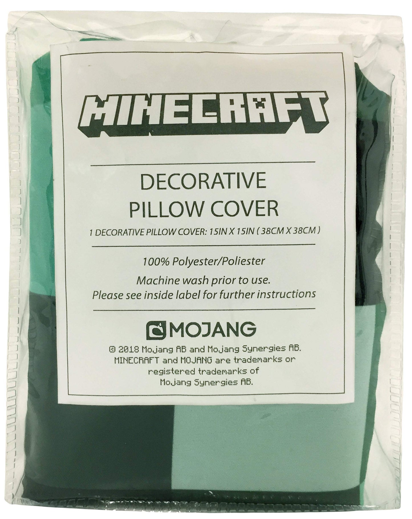 Jay Franco Decorative Pillow Cover ONLY– 15 x 15 Inch Soft Square Pillowcase for Kids Bedroom, Gaming Room & Living Room Décor, Minecraft Creeper