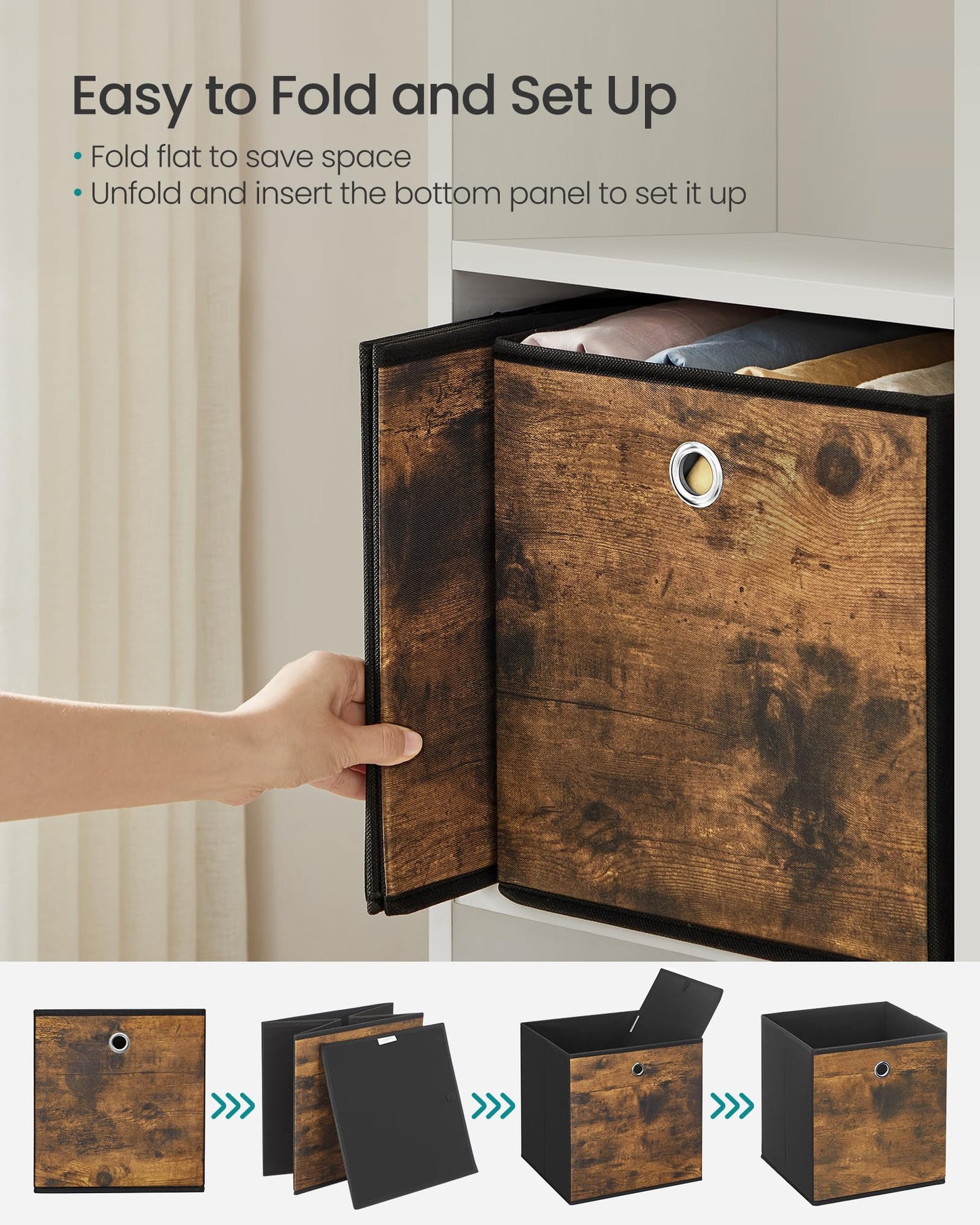 SONGMICS Storage Cubes, Set of 8 Storage Bins, Foldable Fabric Storage Boxes, 10.2 x 10.2 x 11 Inches, Fit Cube Storage Unit, for Clothes, Bedroom, Living Room, Rustic Brown and Ink Black URFB826B01