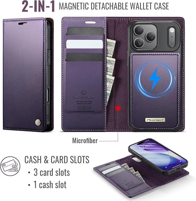 PlusnapX Wallet Case for iPhone 17 Pro Max Compatible with Magsafe, 2-in-1 PU Leather Flip RFID Blocking Card Holder Stand Shockproof Magnetic Detachable Cover for iPhone 17 Pro Max, Fashion Purple