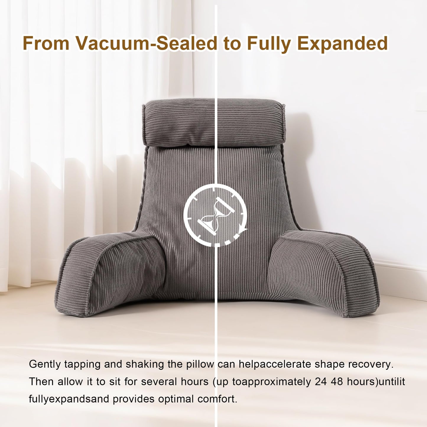 Ailuteie Reading Pillow for Sitting Up in Bed, Sofa & Floor – Corduroy Backrest Pillow with Arms, Side Pockets & Washable Cover, Bed Rest Pillow Back Support, Dark Grey