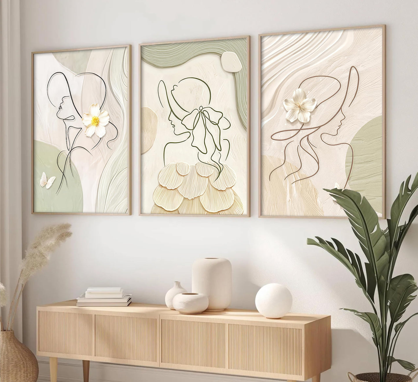 3Pcs Abstract Woman Canvas Wall Art Minimalist Line Beige and Green Girl Picture Wall Decor White Flower Texture Posters Boho Cream Neutral Painting Print Artwork for Living Room Bedroom, Unframed