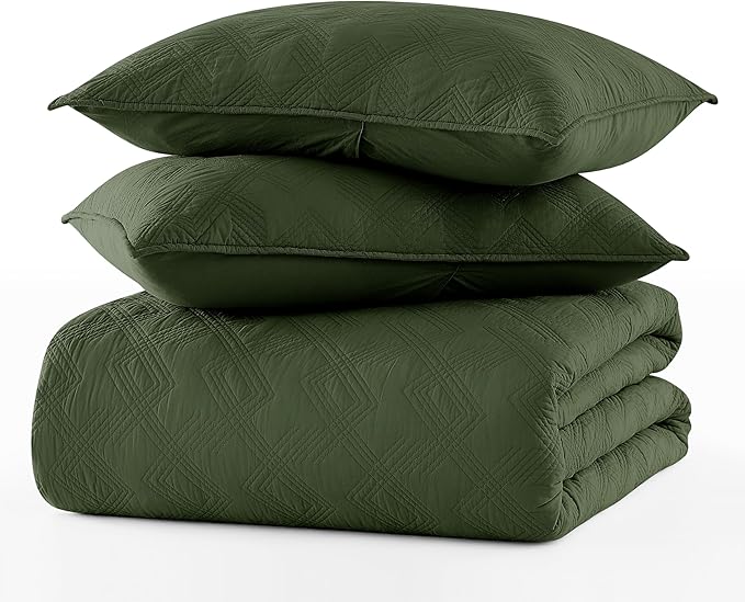 WDCOZY 100% Cotton Oversized King Quilt Set - Olive Green California Cal King Size Soft Lightweight Modern Bedspread, Farmhouse Country Rustic Coverlet, Textured Like Linen, Shabby Chic Bedding
