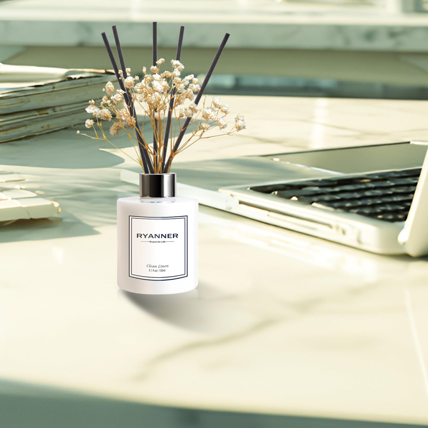 RYANNER Reed Diffuser Set,5.1 fl oz Clean Linen Scent Diffuser with Sticks Home Fragrance Reed Diffuser with Essential Oil for Bathroom Shelf Decor&Air Freshener,Home Bathroom Office Decor & Gifts