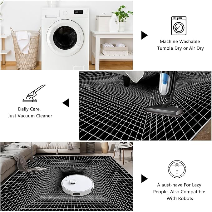 Optical Illusion Rug - Washable Rugs 4x5, Abstract Geometric Lines Soft Neutral Indoor Floor Mats Plaid Carpet, Non-Slip Stain Resistant Modern Black Rug for Bedroom, Living Room Rugs