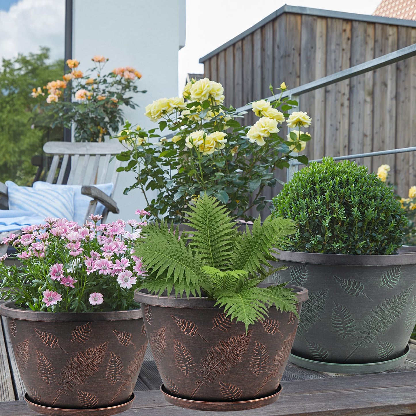 Svxtoby 11 inch Plant Pot, 3 Pack Large Pots for Plants, Flower Pots with Drainage Hole & Saucer, Modern Planters for Indoor Outdoor Plants, Decorative Plastic Garden Pots (Copper)