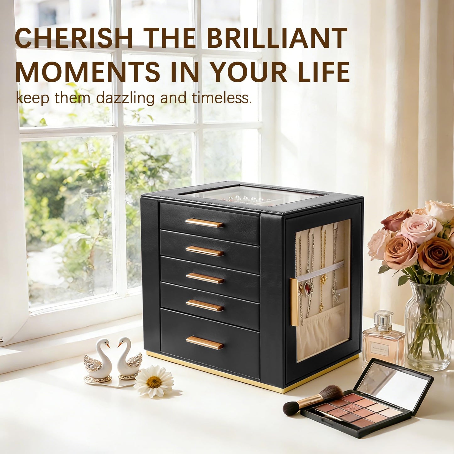 Homeanda Jewelry Box for Women with Glass Lid, 5 Drawers Jewelry Organizer and Storage for Necklaces, Rings, Earrings, Bracelets, Gift for Girls and Teens,PU Leather (Black)