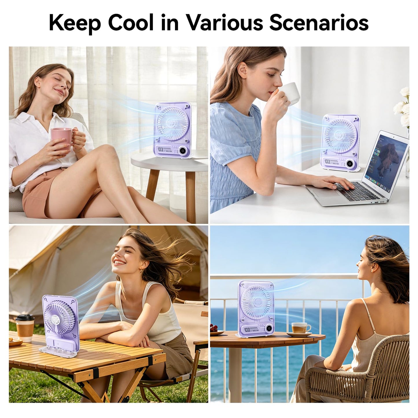 VAVOFO Small Desk Fan Personal Fans 8.6 Inch, Rechargeable 2000mAh Battery Operated Portable Fans, 3 Speeds Adjustable Ultra Quiet Fan For Office, Bedroom, Outdoor (Purple, 2000mAh)