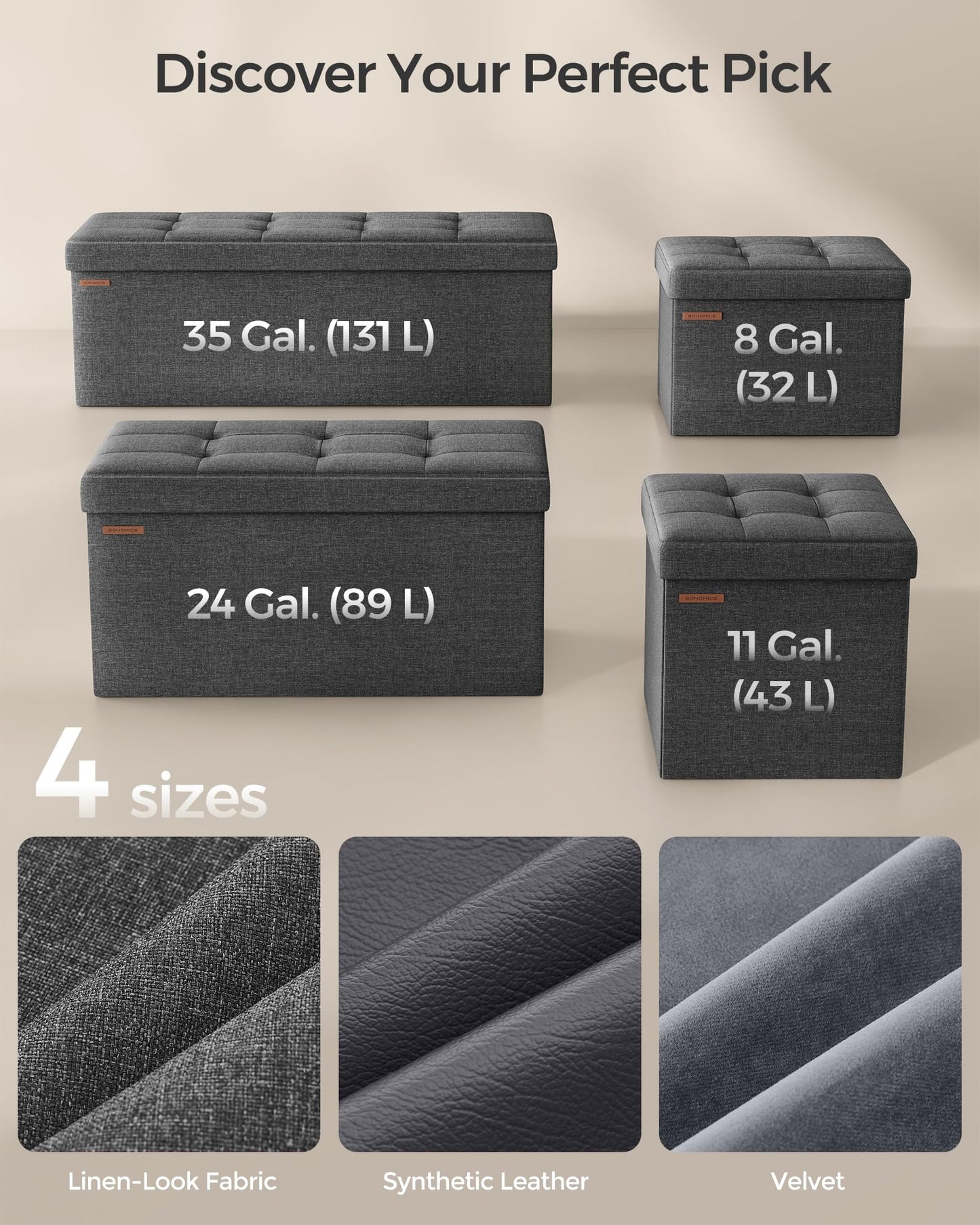 SONGMICS MAZIE Collection - 30 Inches Folding Storage Ottoman Bench, Ottoman Foot Rest, End of Bed Bench, Storage Chest, Load 660 lb, for Living Room, Bedroom, Entryway, Dark Gray ULSF47K