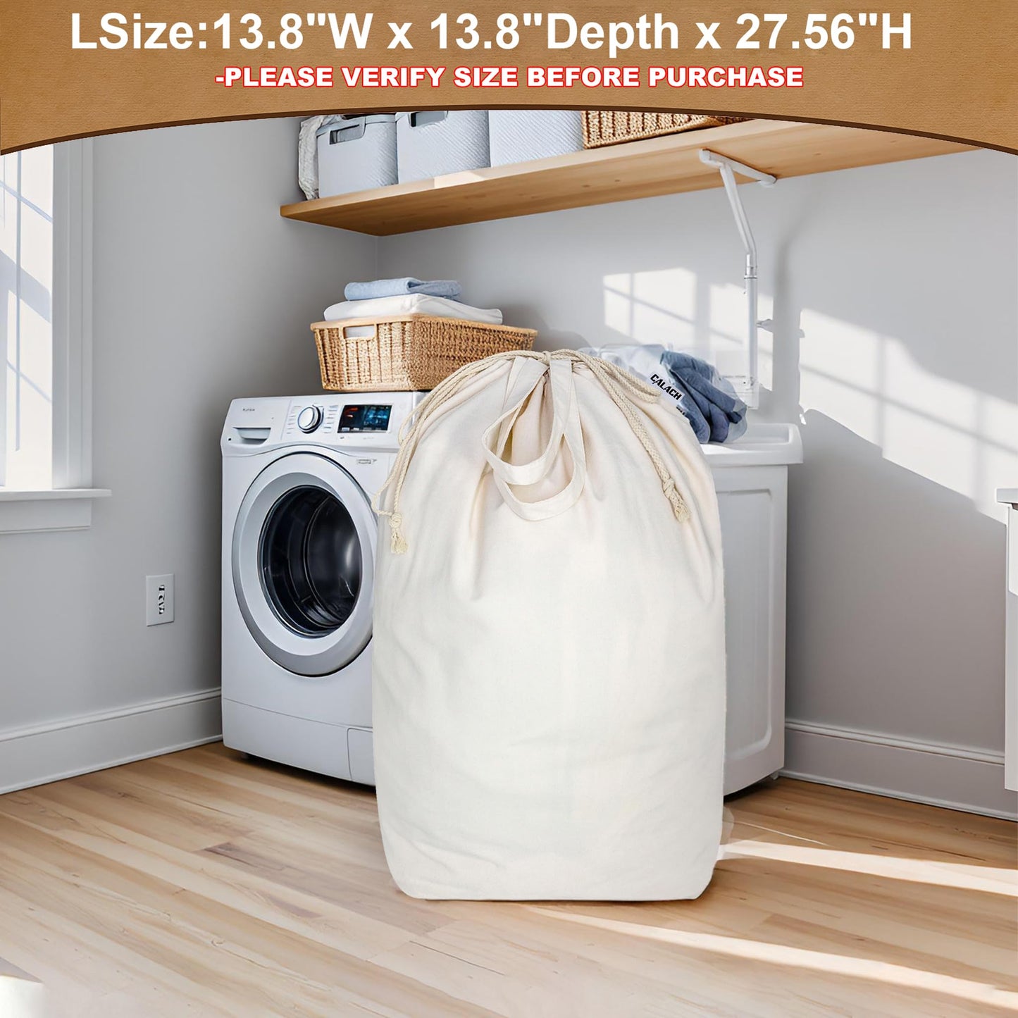 CALACH Canvas Laundry Bags with Handles & Square Base 13.8"Wx13.8"Dx27.6"H, Large Heavy Duty Laundry Hamper Bag, College Dorm Washable Drawstring Canvas Dirty Clothes Sack (Beige,1 Pack)