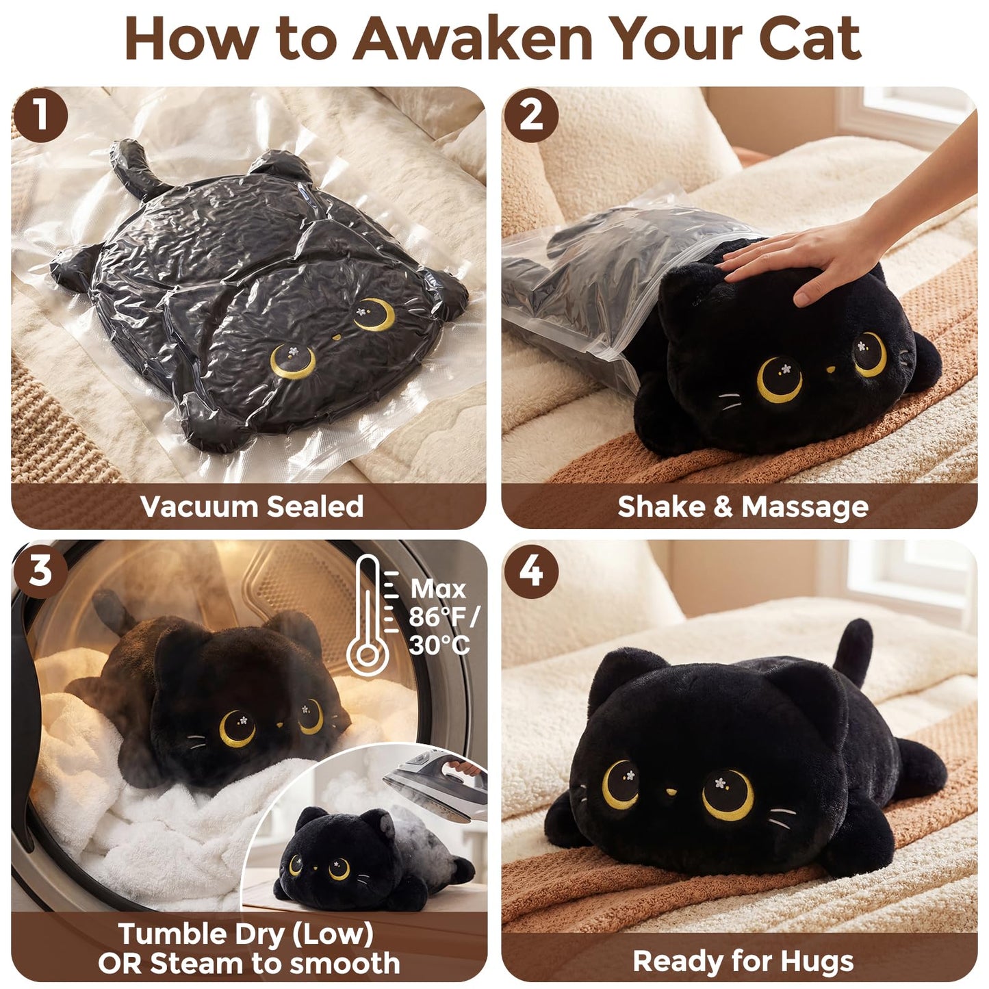 Mewaii Cute Black Cat Plush Pillow, Kawaii Plushies Black Cat Stuffed Animals, Squishy Plushies, Cuddle Plush Pillow for Kids & Girls (20 Inch)