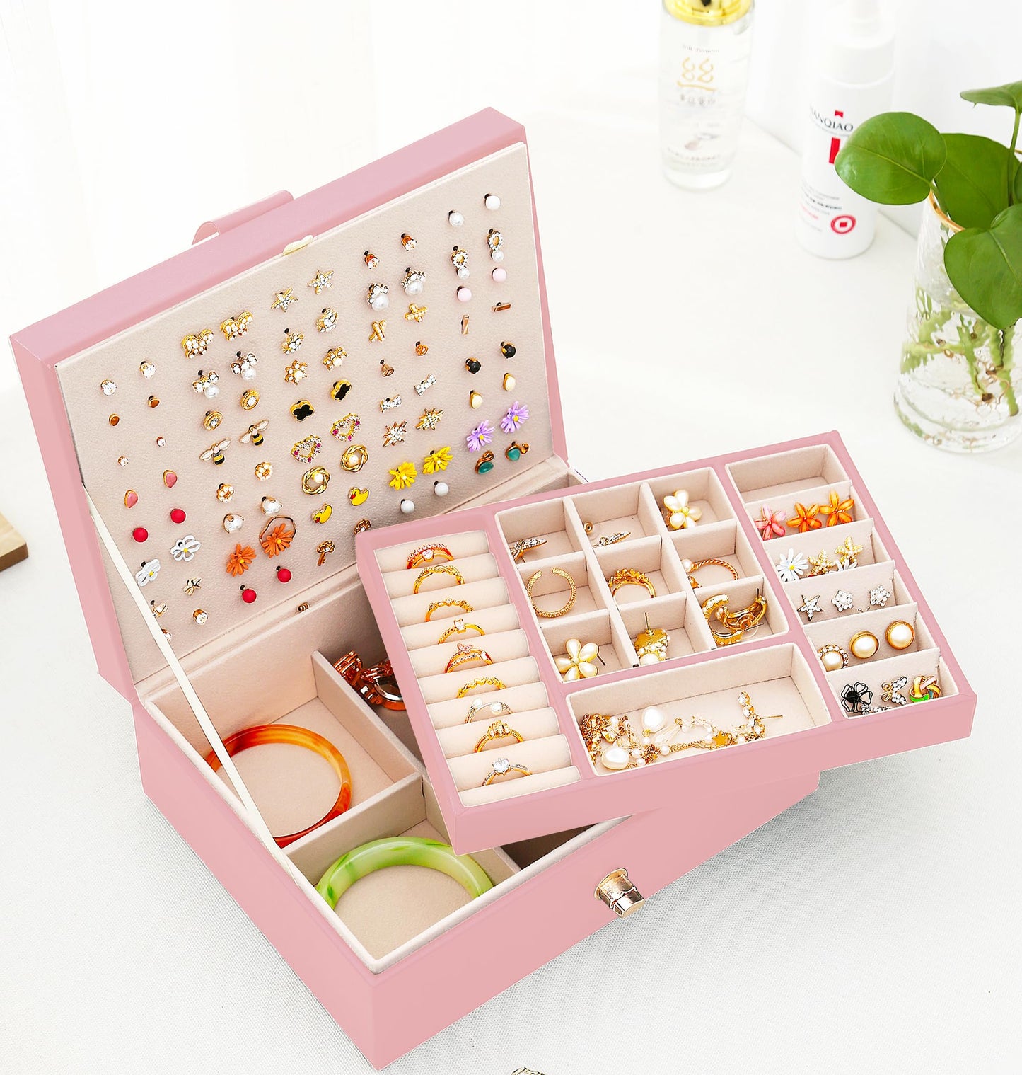 QBestry Girls Jewelry Box Earring Holder Organizer for Girls Earring Organizer Teen Jewelry Box Organizer for Girl Pink jewelry Boxes for Earrings Necklaces Rings Stud Earrings Box Organizers Teens