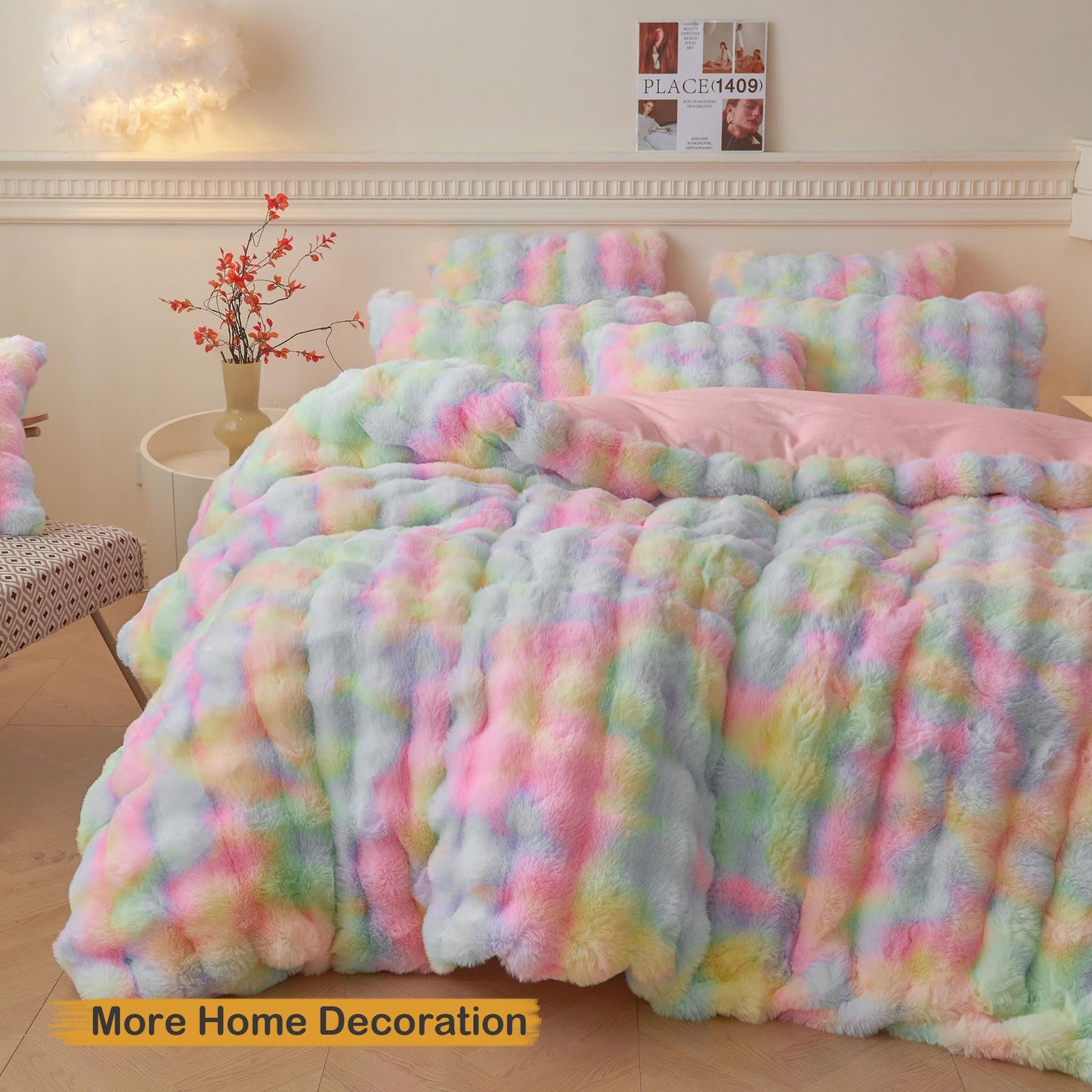LIFEREVO 2 Pieces Fluffy Faux Rabbit Fur Pillow Cases, Luxury Soft Plush Shaggy Bubble Pillowcases Standard Size with Zipper, Furry Fuzzy Long Pillow Shams for Adult Girls Kids Teens 20x26, Rainbow