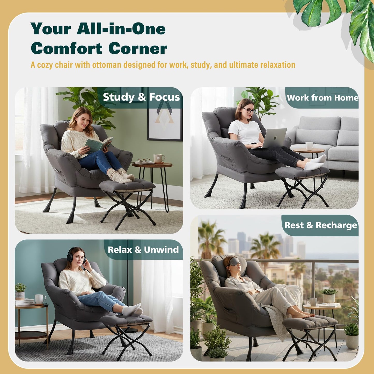 HomEastlly Lazy Chair with Ottoman, Large Accent Chair with Ottoman and a Throw Pillow, Dark Grey Reading Chair for Living Room Bedroom Dorm Room Office Apartment Relaxing Use