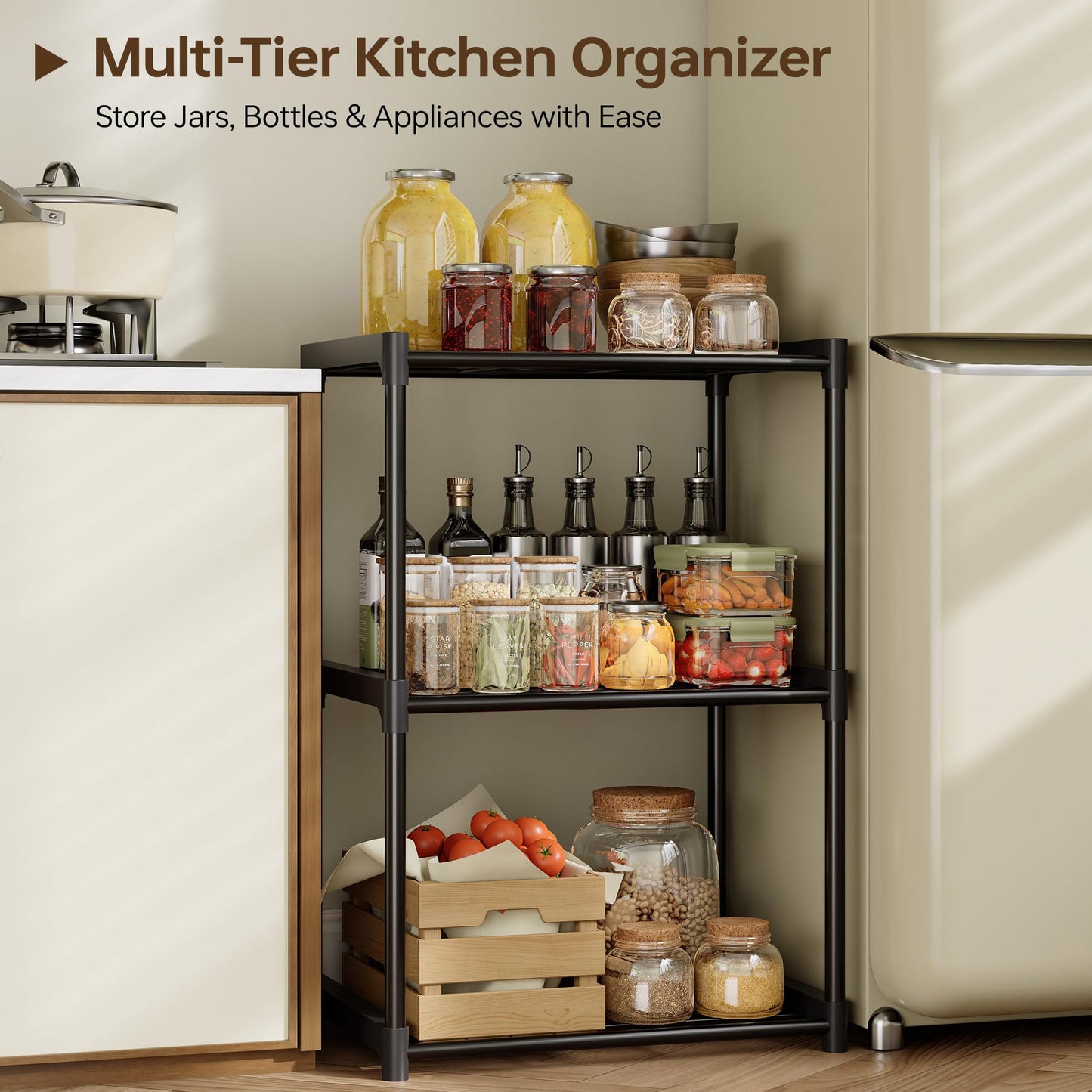 Tujurich 3-Tier Storage Shelves with Plastic Connectors – Metal Shelf Organizer for Pantry, Closet & Bathroom, Space-Saving Sturdy Shelving Unit Rack, Black, 17.3" x 12.8" x 28.9"
